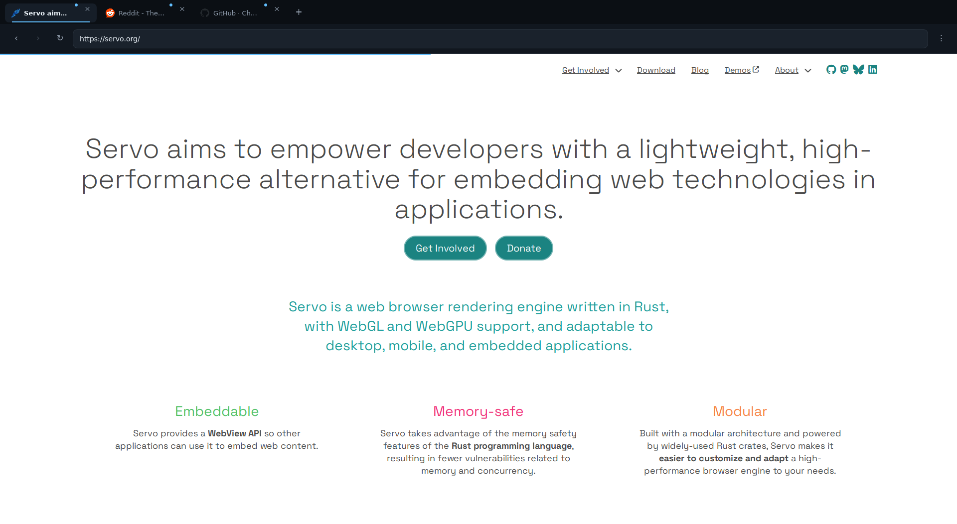 The Servo website rendered in a multi-tab Hermes window